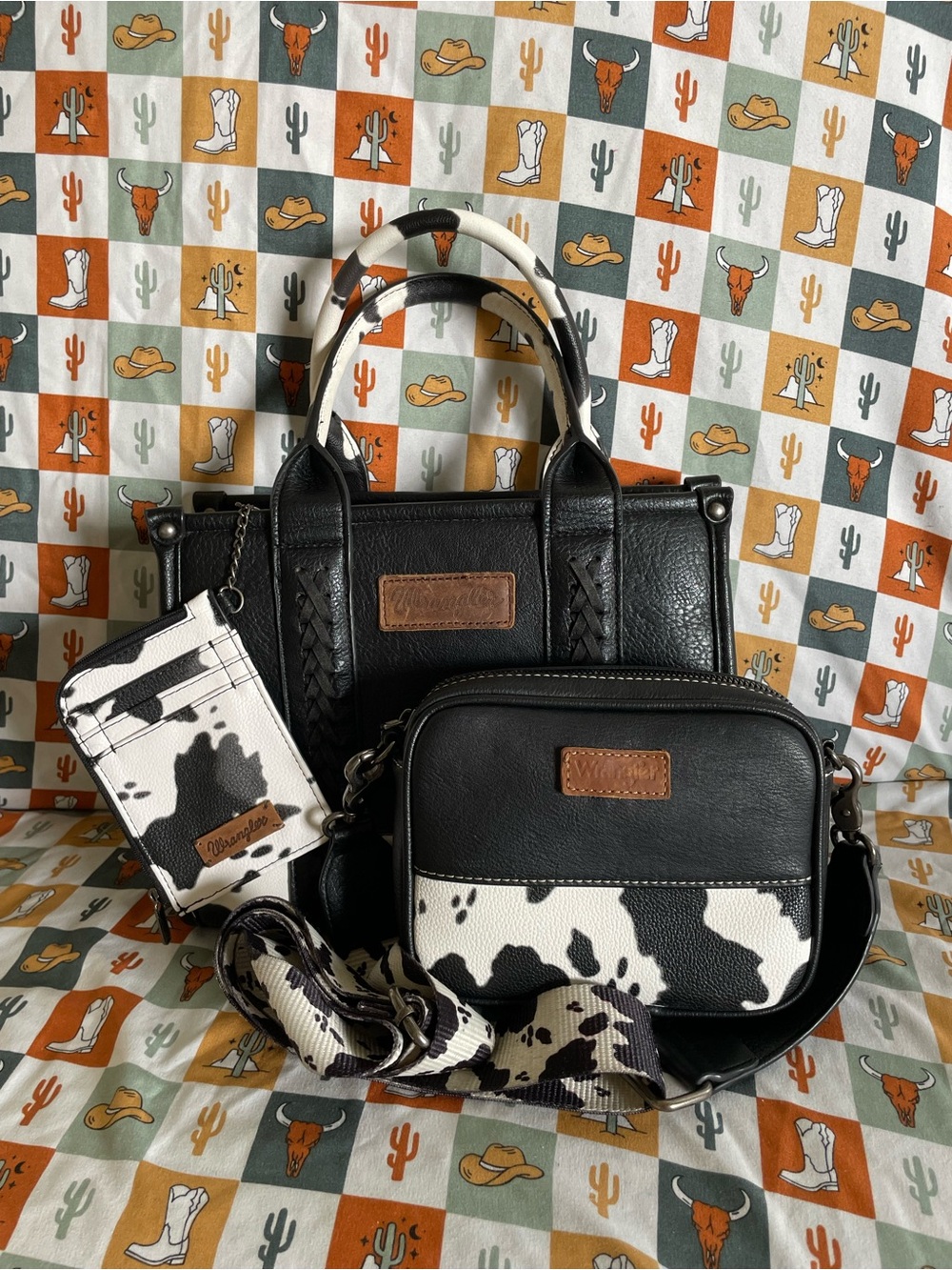 Wrangler Black & White Cowhide Accent Mini Tote Purse/Crossbody/Keychain Wallet